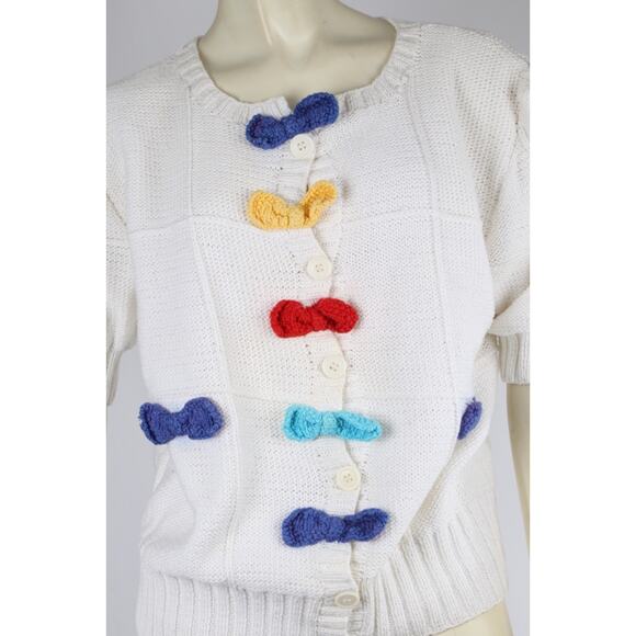 BEREK Vintage Hand Knit 100% Cotton Button Down Sweater Two-Needle Bow Design - Picture 9 of 12